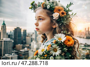 Portrait of a young girl. A conceptual artistic close-up shot against the background of a city with double exposure and visual effects. An advertising move. Стоковое AI-изображение, AI-художник Photojuli / Фотобанк Лори