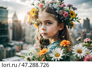 Portrait of a young girl. A conceptual artistic close-up shot against the background of a city with double exposure and visual effects. An advertising move. Стоковое AI-изображение, AI-художник Photojuli / Фотобанк Лори