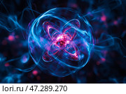 Atom with rotating electrons, energy and matter concept background. Стоковое AI-изображение, AI-художник Михаил Коханчиков / Фотобанк Лори