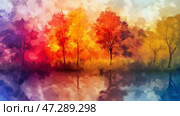 Colorful autumn trees reflect in tranquil water, creating a vibrant landscape of hues and serenity. Стоковое AI-изображение, AI-художник Михаил Коханчиков / Фотобанк Лори