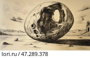 Surreal landscape featuring a large cracked sphere in desolate environment under a cloudy sky. Стоковое AI-изображение, AI-художник Михаил Коханчиков / Фотобанк Лори