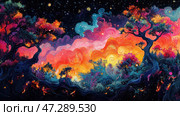 A fantastic, psychedelic landscape painting with bright, saturated colors. In the center of the composition, a raging flame or flash of light in shades of orange, red and yellow, which smoothly turns into wavy patterns of the sky. On the sides, there are whimsical trees with colorful foliage - purple, blue, pink and gold, which creates the feeling of a magical forest. The night sky, decorated with stars and galactic swirls, enhances the feeling of cosmic fairytale. The artistic style resembles a mixture of impressionism, fantasy and abstraction. Стоковое AI-изображение, AI-художник Анна Кривицкая / Фотобанк Лори