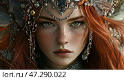 Close-up of the girl's face with bright green eyes and fiery red hair. Her skin is covered with light freckles, and her gaze is mesmerizing in its depth and mystical appeal. The girl is adorned with a complex headdress, which consists of beads, precious stones, metal chains, feathers and various decorative elements, creating an image reminiscent of an ancient shaman or mythical queen. Light and shadow play on her face, emphasizing the texture of her skin and giving the image a sense of mystery and enigma. Стоковое AI-изображение, AI-художник Анна Кривицкая / Фотобанк Лори