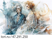 Two mysterious figures - a man and a woman, executed in a delicate, airy watercolor technique. The man is dressed in a dark blue tailcoat with a white lace jabot, his expression is melancholic and thoughtful. The woman, on the contrary, is dressed in a light white dress, her hair fluttering in the air, and the image is filled with a warm golden light. The background is a mixture of architectural motifs, reminiscent of ancient palaces or fairy-tale castles dissolving in the haze.The contrast of cold and warm tones creates a sense of opposition between the characters, as if they belong to different worlds or time periods. The lightness of the brushstrokes and smooth transitions of colors give the work a mystical and fantasy atmosphere. Стоковое AI-изображение, AI-художник Анна Кривицкая / Фотобанк Лори