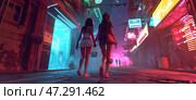 A futuristic city with neon lighting that creates a cyberpunk atmosphere. Two young girls walk down a narrow street, holding each other's hands. Their figures are highlighted by bright contrasting shades of blue and pink that fill the streets with light from numerous neon signs. In the distance, silhouettes of other people are visible, disappearing into thick fog. The city walls are covered with graffiti, wires hang chaotically, and the inscriptions on the signs add mystery to the place. The atmosphere of the scene is reminiscent of scenes from cult cyberpunk films, creating a sense of mystery and the future. Стоковое AI-изображение, AI-художник Анна Кривицкая / Фотобанк Лори