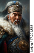 A wise and formidable ruler or military leader of Asian origin, dressed in luxurious armor. His armor is decorated with complex patterns and massive gold elements, and a fur cape adds grandeur. His face is covered with a gray beard, his gaze is serious and full of strength. His headdress is a rich crown with exquisite decorations, which emphasizes his high status. The background is muted, which emphasizes the hero, creating the image of a majestic commander from ancient times. Стоковое AI-изображение, AI-художник Анна Кривицкая / Фотобанк Лори