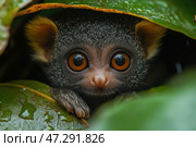 A charming little animal hiding under wide green leaves. It has large, expressive orange-brown eyes, a fluffy muzzle and small paws clinging to a leaf. Wet leaves surround the creature, creating the atmosphere of a rainy tropical forest. The animal's gaze is filled with curiosity and a little fear, which gives the photo liveliness and emotionality. Стоковое AI-изображение, AI-художник Анна Кривицкая / Фотобанк Лори