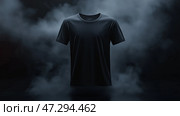 This is a minimalist black Tshirt mockup displayed on a dark smoky background. Элегантная черная футболка прекрасно смотрится в атмосфере, наполненной дымом, что усиливает ее привлекательность. Стоковое AI-изображение, AI-художник Katsiaryna Repich / Фотобанк Лори
