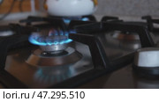 Demonstrating techniques for safe cooking on a gas stove, focusing on managing flame heights and ensuring optimal kitchen safety measures while preparing meals. Стоковое видео, видеограф Терехова Марина / Фотобанк Лори
