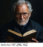 An elderly man with grey hair and beard, dressed in dark clothes reminiscent of an old style. He holds an old leather-bound book in his hands, and his penetrating gaze is directed at the reader. Round glasses emphasize his image of a scholar, philosopher or sage.The background is dark, which creates a dramatic effect, highlighting the textures of wrinkled skin, fabric of clothes and worn pages of the book. The lighting is soft, reminiscent of the style of old portrait painting of the Renaissance or Baroque era.The composition creates an atmosphere of wisdom, time and eternal knowledge, conveying a sense of depth, reflection and intellectual search. Стоковое AI-изображение, AI-художник Анна Кривицкая / Фотобанк Лори
