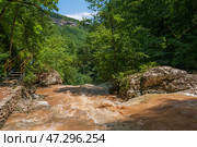 View of the Rufabgo creek in the Caucasus Mountains on a sunny summer day, Kamennomostsky, Republic of Adygea, Russia. Стоковое фото, фотограф Ula Ulachka / Фотобанк Лори