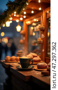 Warm Winter Evening at a Quaint Market Stall With a Steaming Cup of Coffee and Freshly Baked Pastries. Стоковое AI-изображение, AI-художник Sergey Grishin / Фотобанк Лори