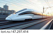High-speed Train Travels Along Tracks at Sunset in an Urban Area Showcasing Modern Transportation Technology. Стоковое AI-изображение, AI-художник Sergey Grishin / Фотобанк Лори