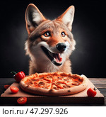 Койот с пиццей в лапах. Coyote with pizza in his paws. Стоковое AI-изображение, AI-художник Igor Murashko / Фотобанк Лори