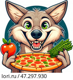 Койот с пиццей в лапах. Coyote with pizza in his paws. Стоковое AI-изображение, AI-художник Igor Murashko / Фотобанк Лори