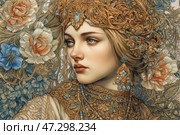 A beautiful girl in a luxurious gilded headdress, decorated with complex ornaments, stones and filigree patterns. Her earrings and necklace complete the image, emphasizing wealth and aristocracy. The girl's face is refined, with blue eyes and soft features. The background is decorated with flowers in blue and gold shades, woven into decorative motifs, creating a sense of a fairy-tale atmosphere. The painting is made in the Art Nouveau style with elements of historical and fantasy art, reminiscent of Russian or oriental motifs. Стоковое AI-изображение, AI-художник Анна Кривицкая / Фотобанк Лори