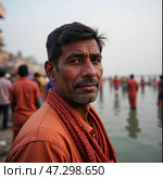 In Varanasi, a man stands in the shallow waters of the Ganges, embodying the spiritual essence of this timeless city, surrounded by the bustle of devotion and life Generative AI. Стоковое AI-изображение, AI-художник Юлия Петровская / Фотобанк Лори