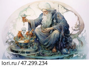 A wise old alchemist or wizard with a long gray beard, dressed in luxurious robes of deep blue and gray shades. He is conducting a complex magical ritual, using glass vessels, potions and alchemical tools. Mystical creatures are located around him, perhaps the creations of his experiments or spirits of the elements. The atmosphere of the painting is filled with mystery and magic, and the soft, washed-out shades create a sense of fairy tales and ancient knowledge. Стоковое AI-изображение, AI-художник Анна Кривицкая / Фотобанк Лори