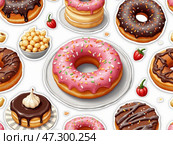 Colorful Assortment of Donuts on a Decorative Background With Various Toppings and Sprinkles, Perfect for Sweet Lovers and Dessert Enthusiasts. Стоковое AI-изображение, AI-художник Sergey Grishin / Фотобанк Лори