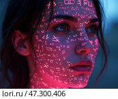 A Young Woman With Glowing Mathematical Equations Projected on Her Face, Capturing the Essence of Science and Art During a Nighttime Setting. Стоковое AI-изображение, AI-художник Sergey Grishin / Фотобанк Лори