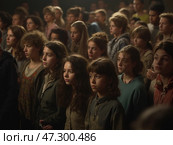 A Group of Young Individuals Gathered in a Dimly Lit Venue, Expressing Anticipation and Curiosity During a Communal Event. Стоковое AI-изображение, AI-художник Sergey Grishin / Фотобанк Лори