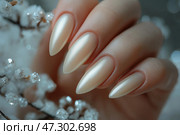 Elegant long nails with frosty finish on a snowy background in winter. Рука с длинными миндалевидными ногтями с морозным покрытием опирается на хрупкие ветви, покрытые снегом. Эта сцена передает красоту зимней эстетики и нейл-арта. Стоковое AI-изображение, AI-художник Katsiaryna Repich / Фотобанк Лори