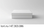 Plain white box on a simple background waiting to be opened. Простая белая коробка расположена на гладком светлом фоне. Минималистичный дизайн подчеркивает ее универсальность, приглашая узнать, что лежит внутри. Стоковое AI-изображение, AI-художник Katsiaryna Repich / Фотобанк Лори