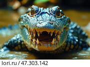 A close-up of a crocodile with its mouth wide open, showing sharp teeth. Its skin is covered with tough scales with a blue-green tint and dark patterns. The predator's eyes stare forward, conveying power and ferocity. The background is blurred, murky water is visible, indicating the animal's natural habitat. The atmosphere of the photo is dynamic, emphasizing the danger and primordial strength of this ancient predator. Стоковое AI-изображение, AI-художник Анна Кривицкая / Фотобанк Лори