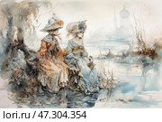 A watercolor scene with two elegant ladies in rococo clothing sitting by the water. They are dressed in exquisite dresses with lace and embroidery, and their hats are decorated with feathers and flowers. Their poses are relaxed, their gaze directed at the water, creating an atmosphere of thoughtfulness and slight melancholy. The background is filled with soft, blurred shades, giving the scene a mysterious and quiet feel. In the distance, an old building with a dome and spire can be seen, which is drowning in a light haze, enhancing the effect of fairy tales and retro romance. Стоковое AI-изображение, AI-художник Анна Кривицкая / Фотобанк Лори