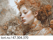 An exquisite female portrait composition in the Art Nouveau style. The girl with refined facial features is depicted surrounded by complex floral patterns that are smoothly woven into her hair and clothing. The color palette includes warm golden beige and cream shades, creating a sense of nobility and natural harmony. The ornaments resemble fine jewelry work, emphasizing the retro-romantic style. Her gaze is thoughtful, and the atmosphere of the image conveys a sense of eternity, beauty and sophistication. Стоковое AI-изображение, AI-художник Анна Кривицкая / Фотобанк Лори