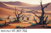 Barren desert landscape with dry trees amidst golden sand dunes during sunset in Namibia's iconic Sossusvlei region. Стоковое AI-изображение, AI-художник Сергей Толмачёв / Фотобанк Лори