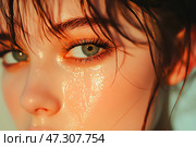 Заплаканная девушка, мокрое от слез лицо блестит в солнечных лучах. Стоковое AI-изображение, AI-художник Щеголева Ольга / Фотобанк Лори