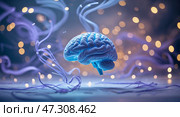 Floating blue brain with luminous threads against a blurred background of sparkling lights. Стоковое AI-изображение, AI-художник Сергей Толмачёв / Фотобанк Лори