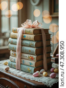 Stack of vintage books tied with a ribbon in a cozy indoor setting during spring. Стоковое AI-изображение, AI-художник Сергей Толмачёв / Фотобанк Лори