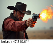 A Cowboy Shooting a Revolver in a Dramatic Showdown at Sunset on an Open Prairie Landscape. Mixed race girls. Стоковое AI-изображение, AI-художник Sergey Grishin / Фотобанк Лори