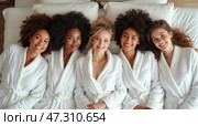 Five Friends Enjoying a Relaxing Spa Day Together in Comfortable Robes, Lounging on Plush Pillows in a Serene Setting. Стоковое AI-изображение, AI-художник Sergey Grishin / Фотобанк Лори