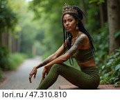 Elegant Woman With a Crown in a Green Outfit Sitting Gracefully in a Lush Park During Daylight. Стоковое AI-изображение, AI-художник Sergey Grishin / Фотобанк Лори