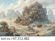 A fairytale landscape, executed in soft pastel colors. In the center of the scene rises a rocky mountain, at the foot of which is a wooden settlement with architecture reminiscent of the East Slavic or Mongolian. A winding road leads to the yurts and towers, along which a caravan of horsemen, shepherds and travelers moves. In the distance stretch endless steppes and hills, framed by majestic mountain ranges. The whole image breathes the spirit of travel, ancient times and a world where legends intertwine with reality. Стоковое AI-изображение, AI-художник Анна Кривицкая / Фотобанк Лори
