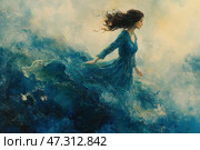 A mesmerizing scene painted in romantic oils: a young woman in a flowing blue dress seems to merge with the sea or fog that surrounds her. Her hair flutters in the wind, and her face is turned to the side - it reads concentration, anticipation and inner strength. Water and fabric merge into a single living stream, creating the illusion that she is part of the elements themselves. The painting is filled with a sense of freedom, transformation and a quiet but indomitable determination to move forward. This is an image of the future, born from the depths - feminine, strong-willed and poetic. Стоковое AI-изображение, AI-художник Анна Кривицкая / Фотобанк Лори