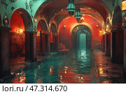 A luxurious, mysterious space reminiscent of an oriental hammam or an underground palace. Arched passages, carved columns and vaults are filled with soft light from lanterns - warm yellow and emerald blue shades. The floor is covered with water, which reflects the architecture and creates the feeling that the room is partially flooded. The atmosphere is mysterious, cinematic, like a scene from a fantasy world or a game, where a story or a secret is hidden behind every turn. Everything looks like a space outside of time - ancient, but perhaps from the future. Стоковое AI-изображение, AI-художник Анна Кривицкая / Фотобанк Лори