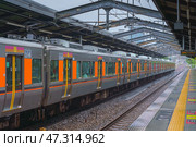 Osaka, Japan - Sep 22 2024, panoramic view of the railway station where the  electric train stands, there are no people on the platform, on a cloudy rainy day, Osaka, Japan. Стоковое фото, фотограф Сергей Богомяко / Фотобанк Лори