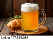 Still life with kvass, rye bread on a wooden background. Стоковое AI-изображение, AI-художник Марина Володько / Фотобанк Лори