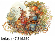 A magical fairytale scene, done in the style of a children's watercolor illustration. In the center are two characters: a good-natured old man with a long white beard and a large reddish-orange hat that looks like a mushroom, and a small cheerful child in a fantastic costume with a cap, sitting next to him. Around them is lush vegetation, berries, leaves, mushrooms and curls, forming a decorative frame. The picture is filled with warmth, magic and the atmosphere of a good fairy tale - as if this is a moment from an ancient forest legend or an illustration for a children's book. Стоковое AI-изображение, AI-художник Анна Кривицкая / Фотобанк Лори