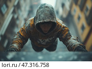 A young man in a hood, covered in frost and ice, climbs a flight of stairs in a harsh urban setting. He is tense, focused, his gaze full of determination and strength. The figure seems to emerge from a fog or snowstorm, surrounded by tall buildings, blurred in the background. His clothes are bright orange and yellow, contrasting with the cold, gray surroundings. The scene conveys an air of overcoming, survival, and the will to win, as if this is the beginning or culmination of a personal battle in a post-apocalyptic or dystopian future. Стоковое AI-изображение, AI-художник Анна Кривицкая / Фотобанк Лори