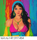 A bright portrait of a young woman in stylish and colorful clothes, made in pop art or neo-pop style. Her expressive blue eyes, black wavy hair, decorated with green earrings and a necklace with a stone, create an image of a confident, charismatic and free personality. She is dressed in a fuchsia top with a deep neckline, combined with blue, green and yellow - the colors merge into each other on the background, as if reflecting her inner energy and emotionality. This is the image of a woman walking boldly towards the future. Стоковое AI-изображение, AI-художник Анна Кривицкая / Фотобанк Лори