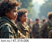 Young Soldiers in Military Uniforms Participate in Training Exercises During a Sunny Day in a Forested Area. Стоковое AI-изображение, AI-художник Sergey Grishin / Фотобанк Лори