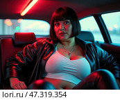Woman with sleek bob hairstyle sits confidently in backseat of car, dressed in leather jacket and fitted clothing, illuminated colorful neon lights. Fat, overweight, body positivity, size plus model. Стоковое AI-изображение, AI-художник Sergey Grishin / Фотобанк Лори
