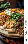 Eritrean injera served on a large platter with colorful lentil and meat stews, accented by vibrant textiles and natural sunlight. Стоковое AI-изображение, AI-художник 123 12 / Фотобанк Лори