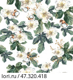Seamless pattern. Fig flowers and green leaves. Golden branches. Watercolor drawing on a white background. Стоковая иллюстрация, иллюстратор Вьюжанина Татьяна / Фотобанк Лори