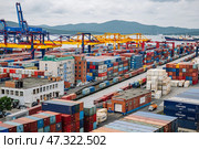 Vladivostok, Russia - August 9, 2021: Cargo cranes loading colorful containers in the port of vladivostok, russia, with the zolotoy rog bridge in the background. Редакционное фото, фотограф Mikhail Davidovich / Фотобанк Лори